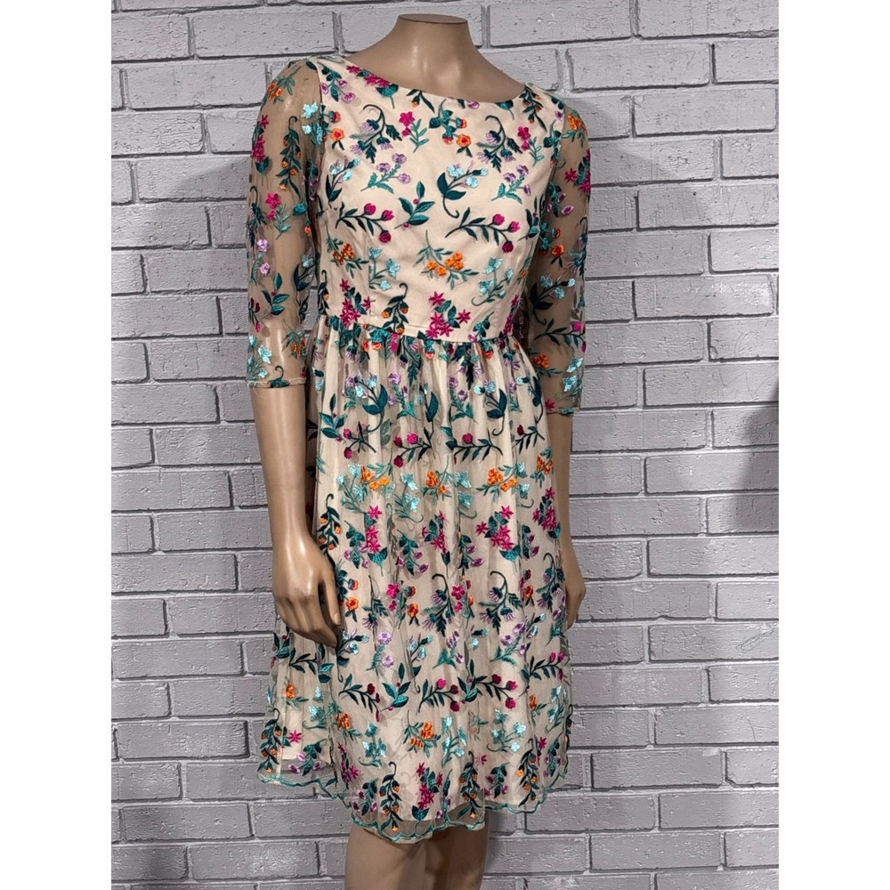 Lace Mesh Floral Embroidered A-Line Dress Cream Multi Boho Excellent Small